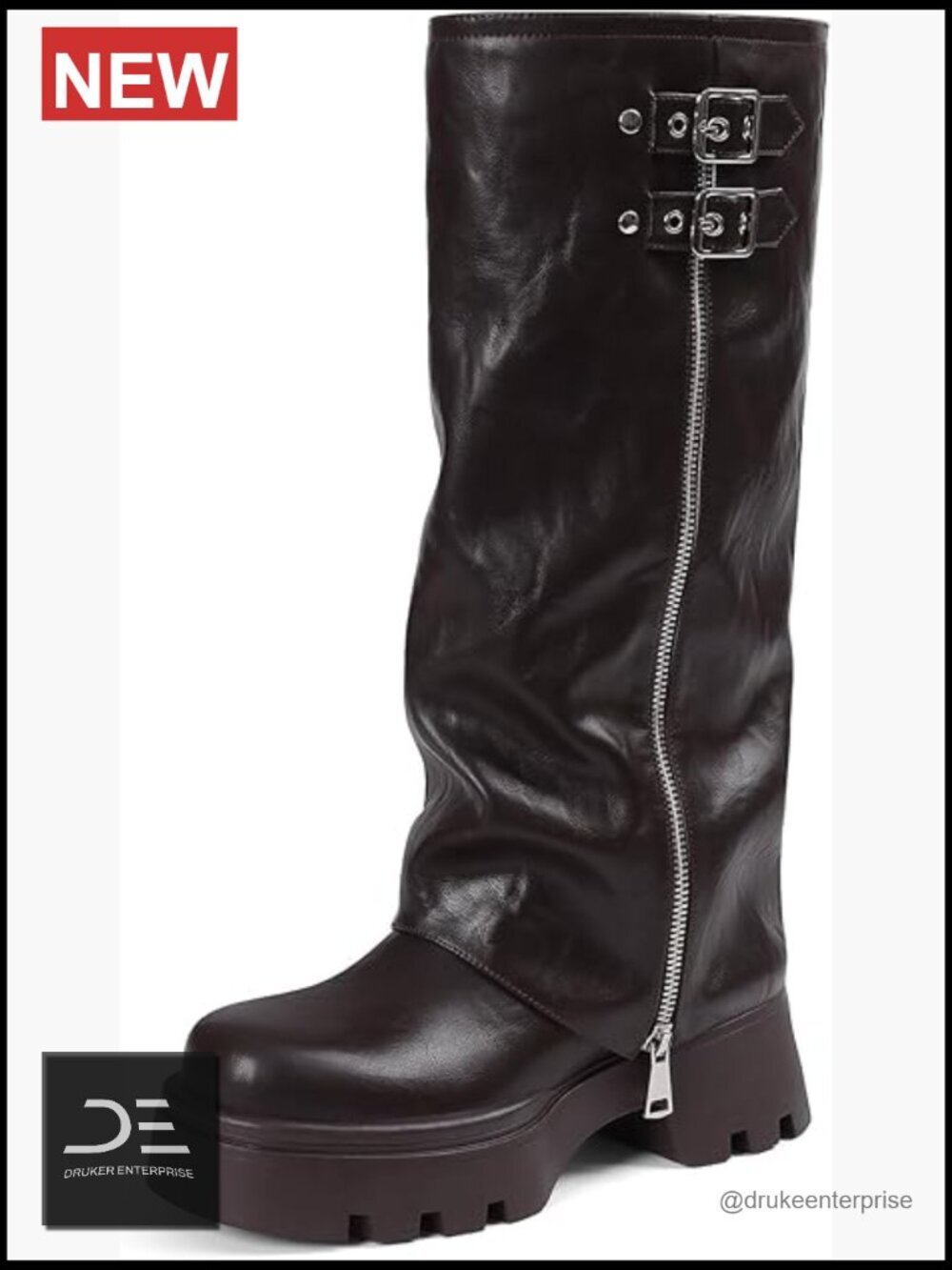 Faux Leather Knee High Foldover Chunky Platform Riding Boots